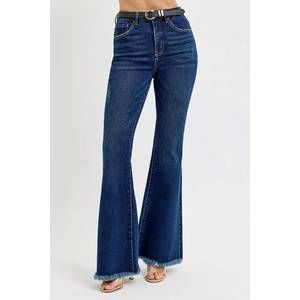 NEW RISEN high rise flare frayed hem jean with belt in blue
